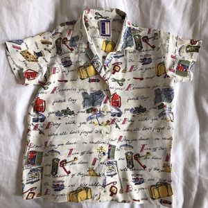 BIO BOTTOMS rayon printed button shirt/CUTE!